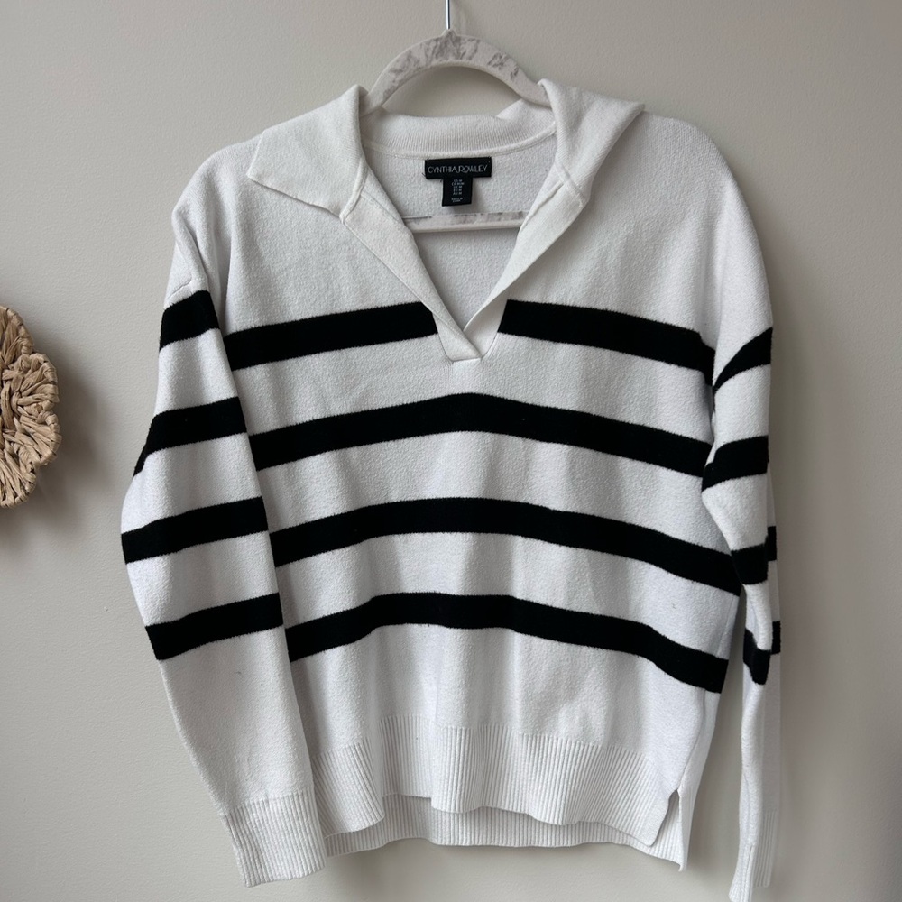 Cynthia Rowley White & Black Striped Collared Sweater